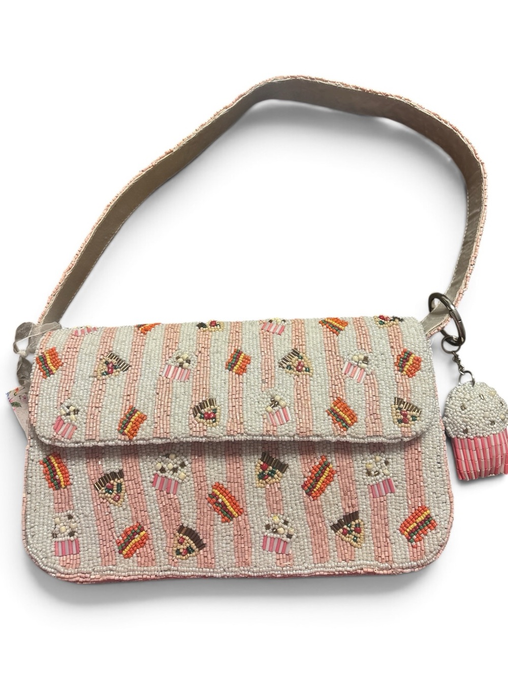 Beaded Pink Cupcake Pizza Burger Crossbody Bag with Charm - Picture 1 of 4